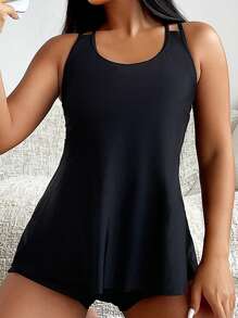 SHEIN Swim 女款簡約純色無袖背心背心裙，夏日沙灘旅遊必備 - 黑色 - 查看 3