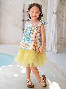 SHEIN Jeune fille/Jeunes filles 2 pièces Haut à carreaux colorés de vacances à la plage et jupe en maille jaune avec nœud papillon, convient pour l'été, les vacances et le soleil des jeunes filles - Multicolore - Voir 4