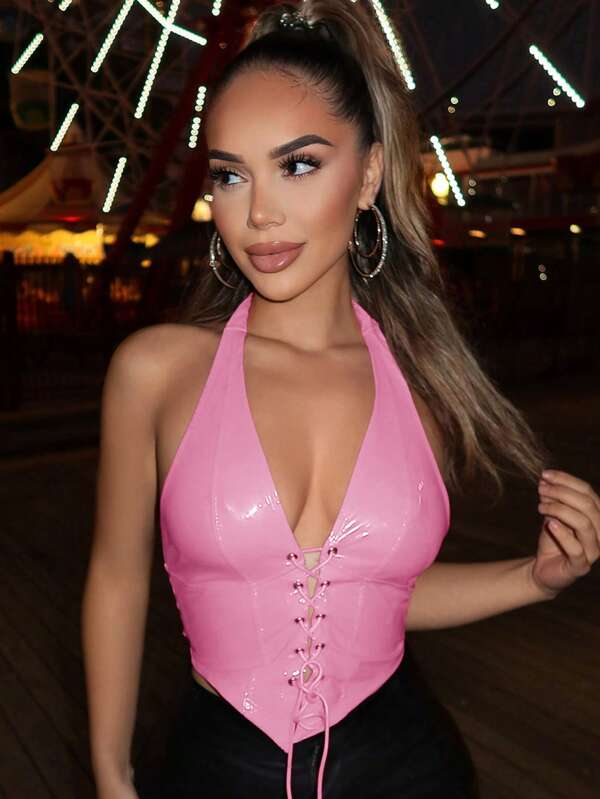 SHEIN SXY Ladies' Halter Neck Music Festival Western Wear Spring Summer Lace Up Halter Neck Tank Top, For Date Night Dress, Bachelorette Party