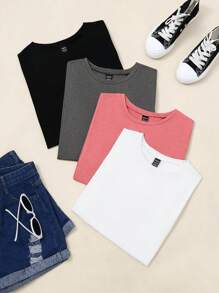 SHEIN LUNE Conjunto de 4 Camisetas casuales de manga corta con cuello redondo para mujer, lisas y de verano