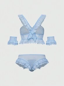 ROMWE Fairycore Solid Color Meshed Starfish Embroidered Lingerie Set With Ruffle Trim - Multicolor - View 7