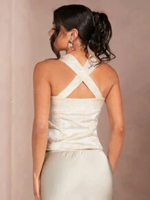 SHEIN BAE 女式復古綁前峰頂坦克背心Y2K可愛無袖露背短款夏裝外衣街頭潮流，附有優雅的錦繡方領絨面蝴蝶結套牛仔襯衫外套 - 杏色 - 查看 2