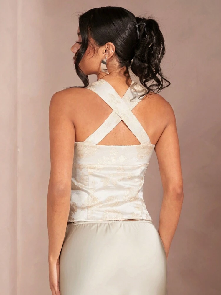 Women's Vintage Tie Front Peplum Tank Top Y2K Cute Sleeveless Backless Crop Top Summer Going Out Blouse Streetwear, With Elegant Brocade Jacquard Square Collar Velvet Web Bow Tie Cardigan Top