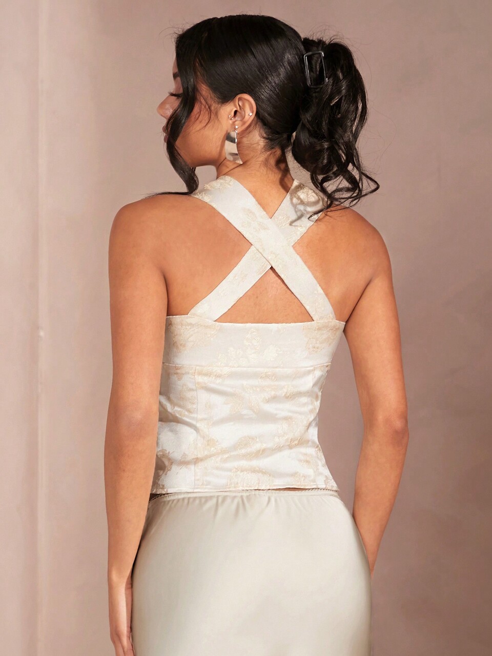 Women's Champagne Gold Summer Elegant Tea Party Vintage Tie Front Peplum Tank Top Y2K Sleeveless Backless Crop Top Brocade Jacquard Square Collar