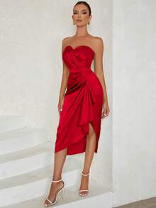 Simple And Sexy Strapless Backless Side Split Pleated Bodycon Dress For Women - Red - View 3