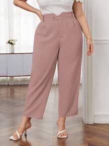 SHEIN Privé Plus Size Solid Color Button-Down Elegant Twill Weave Trousers - Dusty Pink - View 3