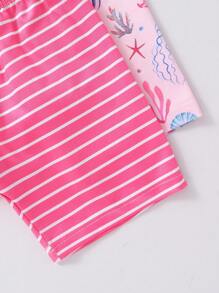 4pcs Baby Girl Ocean Animal Printed Snug Fit Round Neck Short Sleeve T-Shirt And Shorts Two-Piece Set, Home Outfit - Pink - View 7