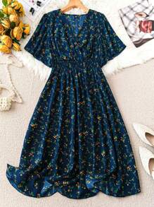 SHEIN Unity Đầm dự tiệc mùa hè in hoa boho cỡ lớn tay bèo nhún buộc eo cho nữ - Nhiều màu - Xem 1