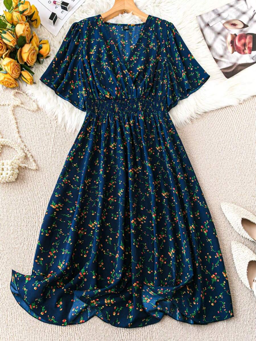 SHEIN Unity Đầm dự tiệc mùa hè in hoa boho cỡ lớn tay bèo nhún buộc eo cho nữ - Nhiều màu - Xem 1