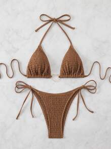 SHEIN Swim Conjunto de bikini sexy para mujer con cuello halter y lazo de unicolor para la playa en verano