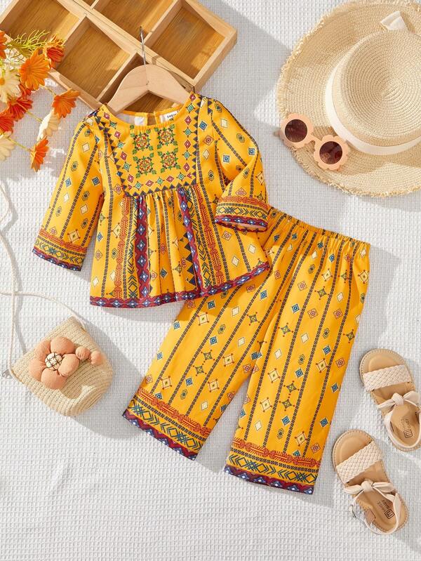 SHEIN Baby Girl Cute Geometric Pattern Color-Block Unisex Shirt With Elastic Waist Loose Pants Outfit For Summer Vacation