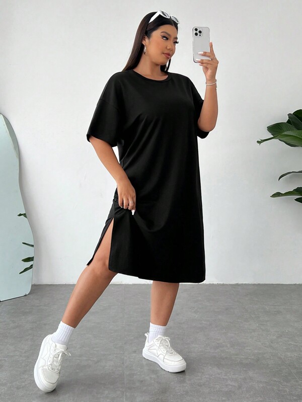SHEIN EZwear Rochie de vară pentru femei, mărime plus, culoare neagră, casual, culoare solidă, cu crăpături laterale, guler rotund, mânecă scurtă, lejeră, midi