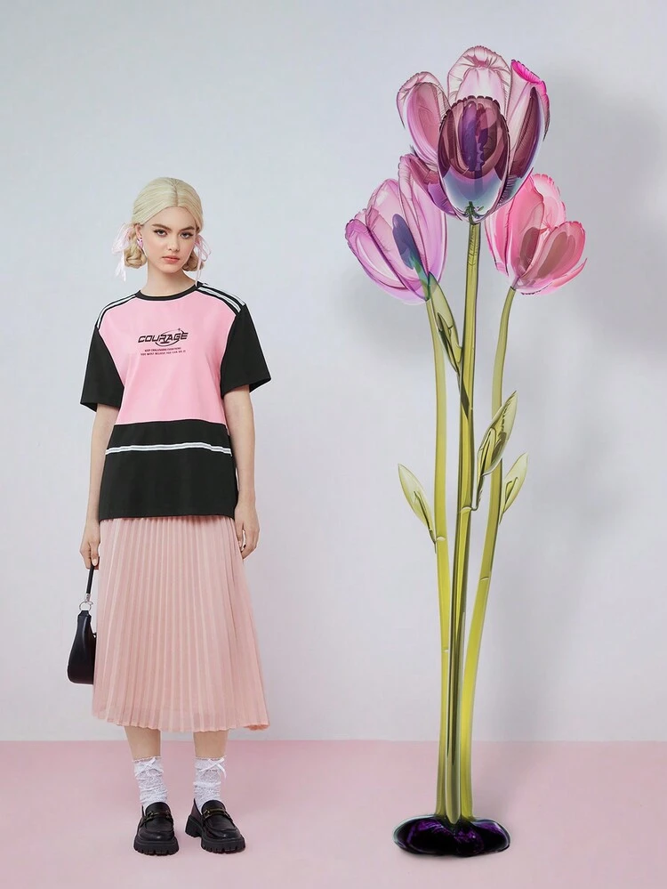 SHEINNeu Women's Contrast Raw Edge High Waist Pink Pleated Skirt