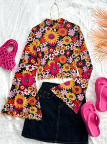 Soleia WYWH Women's Holiday Bohemian Style Black Background Colorful Flower Printed Casual Slim Fit Mesh Bell Sleeve T-Shirt