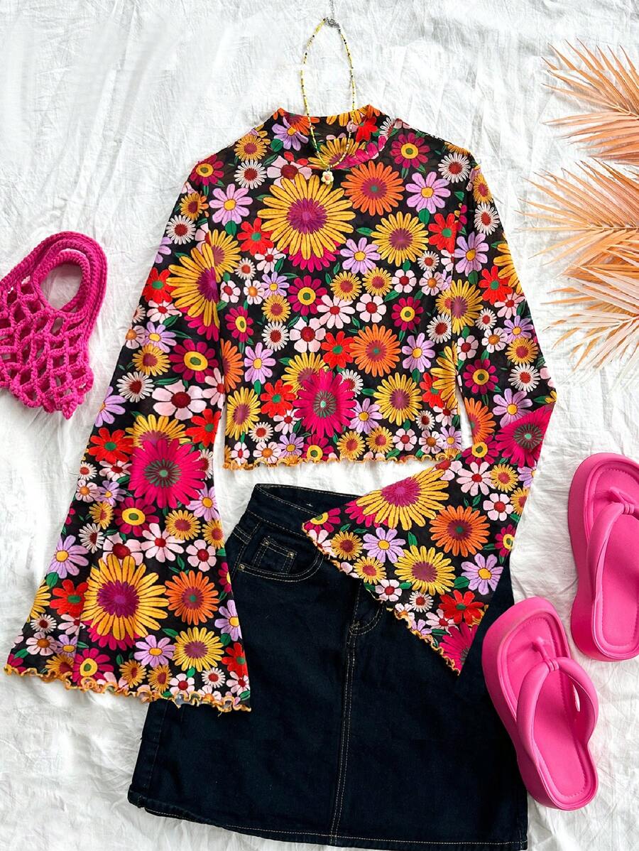 Soleia WYWH Women's Holiday Bohemian Style Black Background Colorful Flower Printed Casual Slim Fit Mesh Bell Sleeve T-Shirt