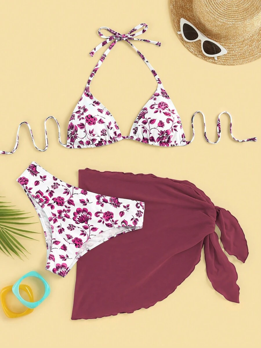 SHEIN Swim 女士夏季海灘花印頸掛式性感比基尼套裝，搭配裙子和印花(隨機)三件套
