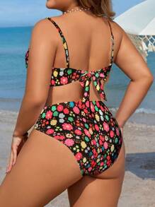 SHEIN Swim Curve 大码女式彩色随机印花简约日常两件套比基尼套装夏季海滩 - 彩色 - 查看 2