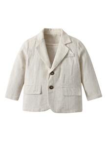 SHEIN 2 件套幼儿男孩亚麻西装正式服装，绅士风格，舒适适合生日派对、婚礼、洗礼、夏季 - 杏色 - 查看 3