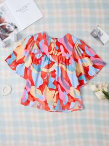 Blusa holgada de cuello redondo con estampado abstracto para mujer - Multicolor - Ver 7