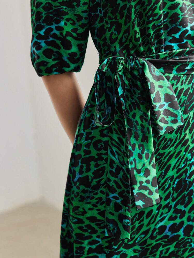 LEOPARD PRINT SURPLICE NECK PUFF SLEEVE BELTED DRESS
