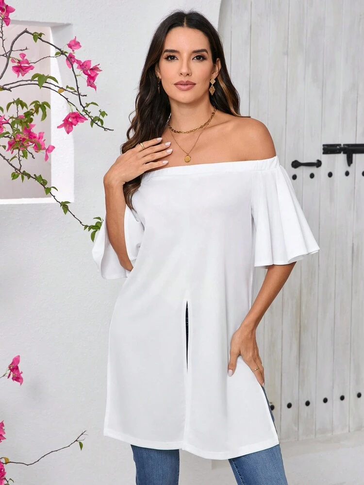 Off-Shoulder Ruffle Sleeve A-Line Long Women's T-Shirt With Side Split