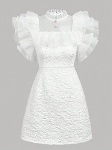 SHEIN Vestido corto elegante de princesa blanco para adolescente con textura de jacquard y dobladillo de volantes en capas - Blanco - Ver 4