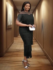 Voworia 女士黑色流苏透视上衣盖袖节日派对流苏连衣裙中长款 - 黑色 - 查看 8