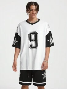 Manfinity VCAY Men's 2pcs/Set Glossy Printing Loose Knitted Short Sleeve T-Shirt Outfit With Numbers