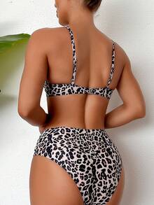 SHEIN Swim 女士夏季沙灘豹紋交叉前胸性感比基尼套裝 - 彩色 - 查看 2