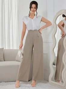 Modelyn 女式纯色阔腿裤，带口袋，优雅 - 卡其色 - 查看 7