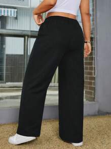 SHEIN EZwear 秋冬女士大码休闲纯色直筒西装裤毕业、返校、教师装 - 黑色 - 查看 2