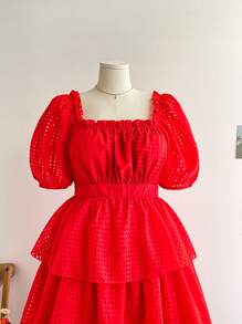 Soleia Holiday Pastoral Romantic Red Plaid Jacquard Multi-Layer Cake Style Plus Size Dress Long - Red - View 3