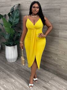 Slaydiva Vestido amarillo para mujer de talla grande con cuello halter, divisiones y plisado - Amarillo - Ver 4