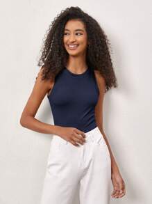 SHEIN BASICS Áo ba lỗ không tay màu trơn đơn giản cho nữ, trang phục hàng ngày - Màu xanh hải quân - Xem 4