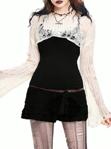 ROMWE Fairycore 夏季鉤織女士純色鈴蘭袖短款上衣，吊繩細節，夏季長袖及肩頸開口設計 - 杏色 - 查看 7
