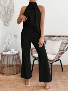 Breezaya Women's Solid Color Holiday Halter Top And Pants Casual Two-Piece Set - Black - View 6