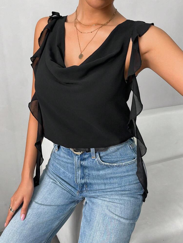Women's Fashionable Solid Color Simple Draped Neck Asymmetrical Cut Sleeveless Shirt