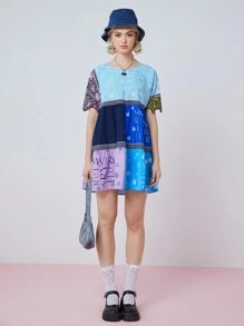 SHEINNeu 女士假日休閒印花拼接短袖連衣裙 - 彩色 - 查看 6