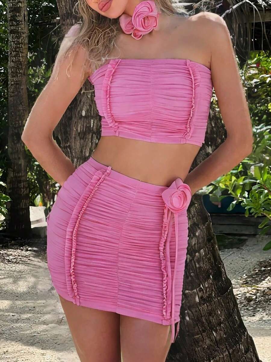 Aloruh 女士浪漫約會海邊度假音樂節演唱會三維花卉領帶夏季純色褶皺短式馬甲上衣+緊身中長裙套裝粉色兩件套 - 粉色 - 查看 1