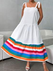 SHEIN Essnce 女式拼色露背连衣裙，荷叶边饰边和系带，无袖，适合夏季骄傲骄傲服装彩虹夏季装夏季连衣裙夏季女装骄傲骄傲服装 - 彩色 - 查看 2