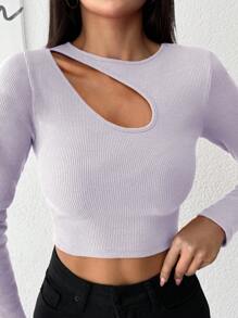 EURMUSE Solid Color Short Style Hollow-out Long Sleeve T-shirt - الأرجواني - مشاهدة 4
