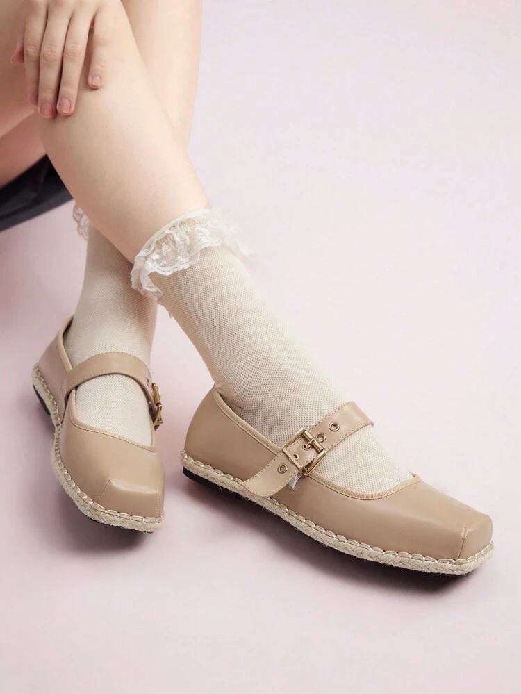 Square Toe Flats Fisherman Shoes Paris Dancing Lady Low Vamp Shoes With Buckle For Summer Vacation Shoes Summer