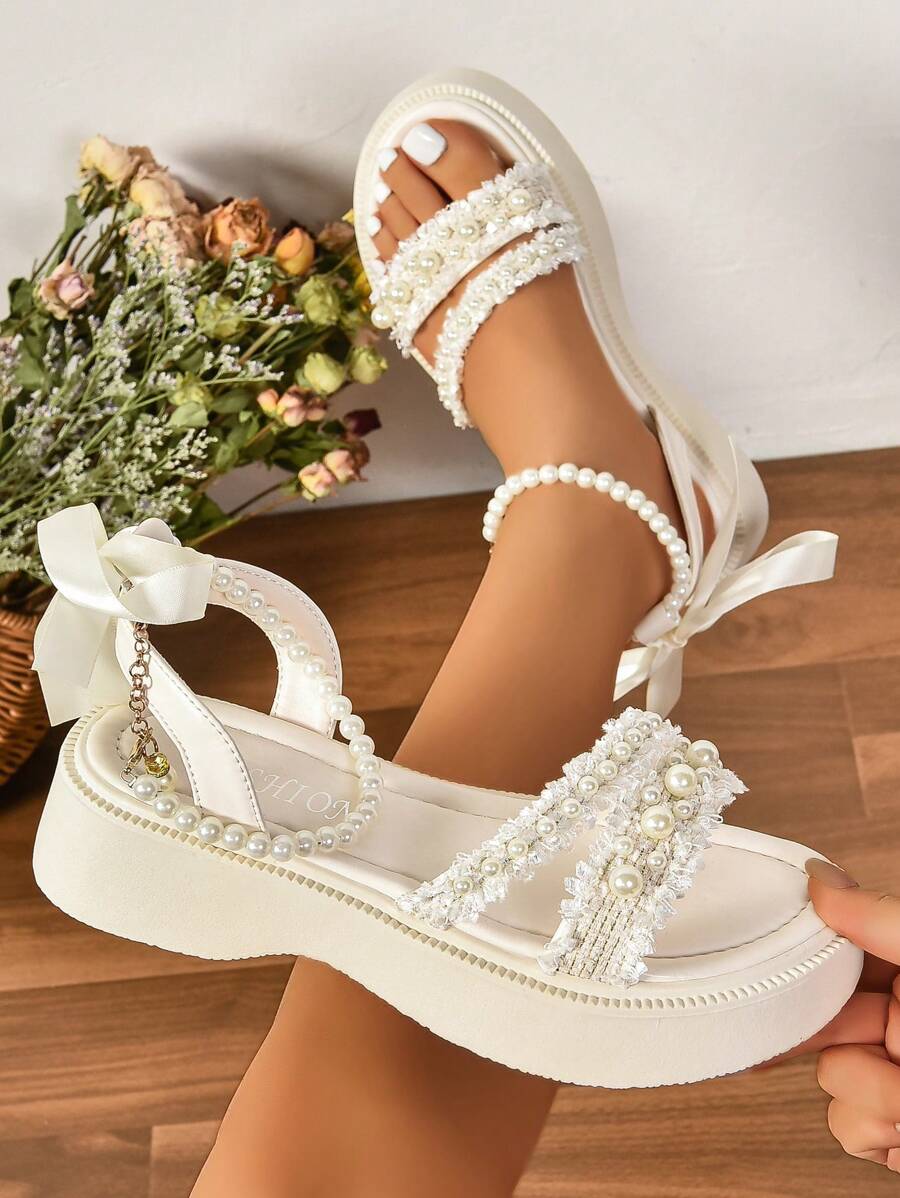 Princess Holiday Pearl Sandals For Women, New Summer Style Thick-Soled Fairy Style Sandals To Match Skirts, Roman Shoes - Beige - View 1