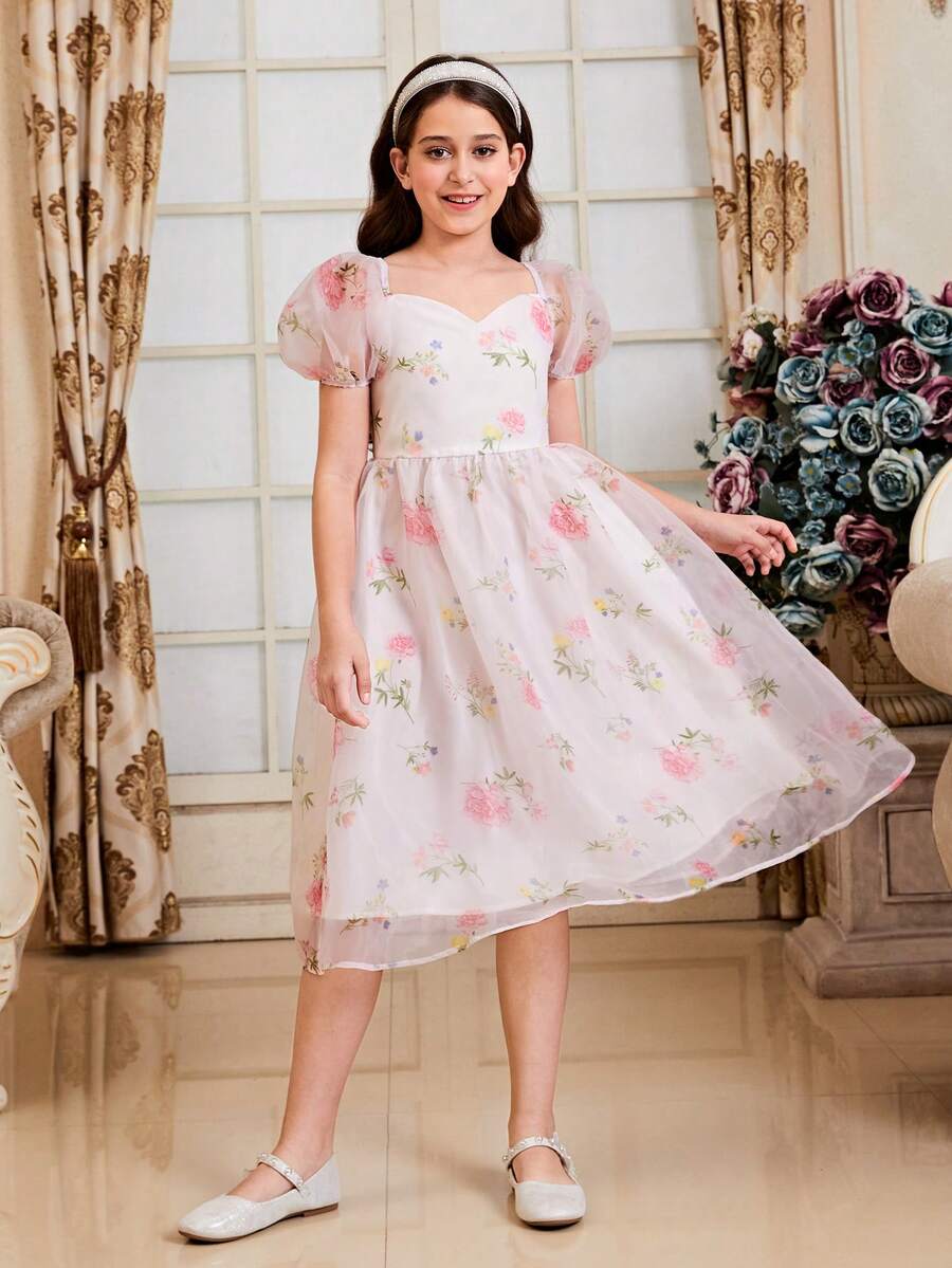 SHEIN DRMZ Tween Girl Tween Girls' Spring/Summer Sweetheart Collar Bubble Sleeve Floral Print Mid-Length Dress - Red - View 1