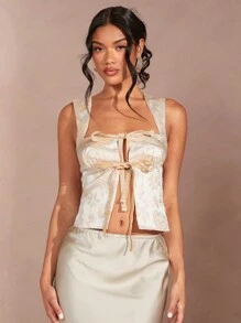 SHEIN BAE 女式復古綁前峰頂坦克背心Y2K可愛無袖露背短款夏裝外衣街頭潮流，附有優雅的錦繡方領絨面蝴蝶結套牛仔襯衫外套 - 杏色 - 查看 3