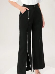 Mulvari Women's Solid Color Wide Leg Casual Suit Pants With Pockets - Black - View 1