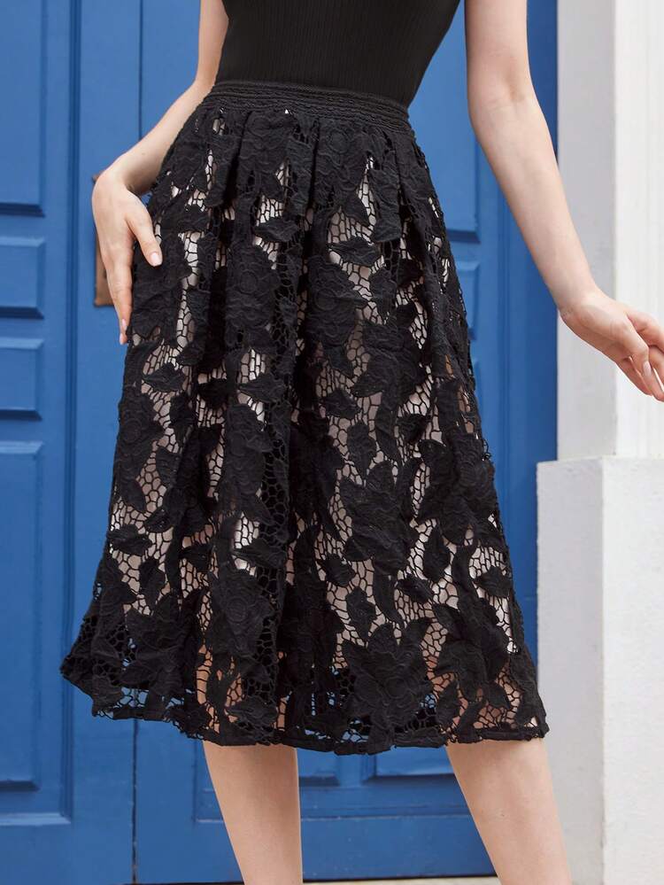 Vintage Elegant Ladies' Umbrella Skirt With Water Soluble Embroidery, Spring And Summer Teacher Clothes Black Skirt Cottagecore