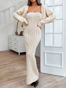 SHEIN Women Sweater Cardigan With Strapless Tube Knit Long Dress