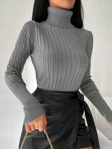 EURMUSE 素色高領條紋針織套頭毛衣 - 淺灰色 - 查看 1