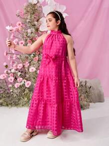 SHEIN Tween Girls Extended Size, Elegant & Sleeveless Stand Collar Sling Dress, Woven And Solid Color, Spring & Summer